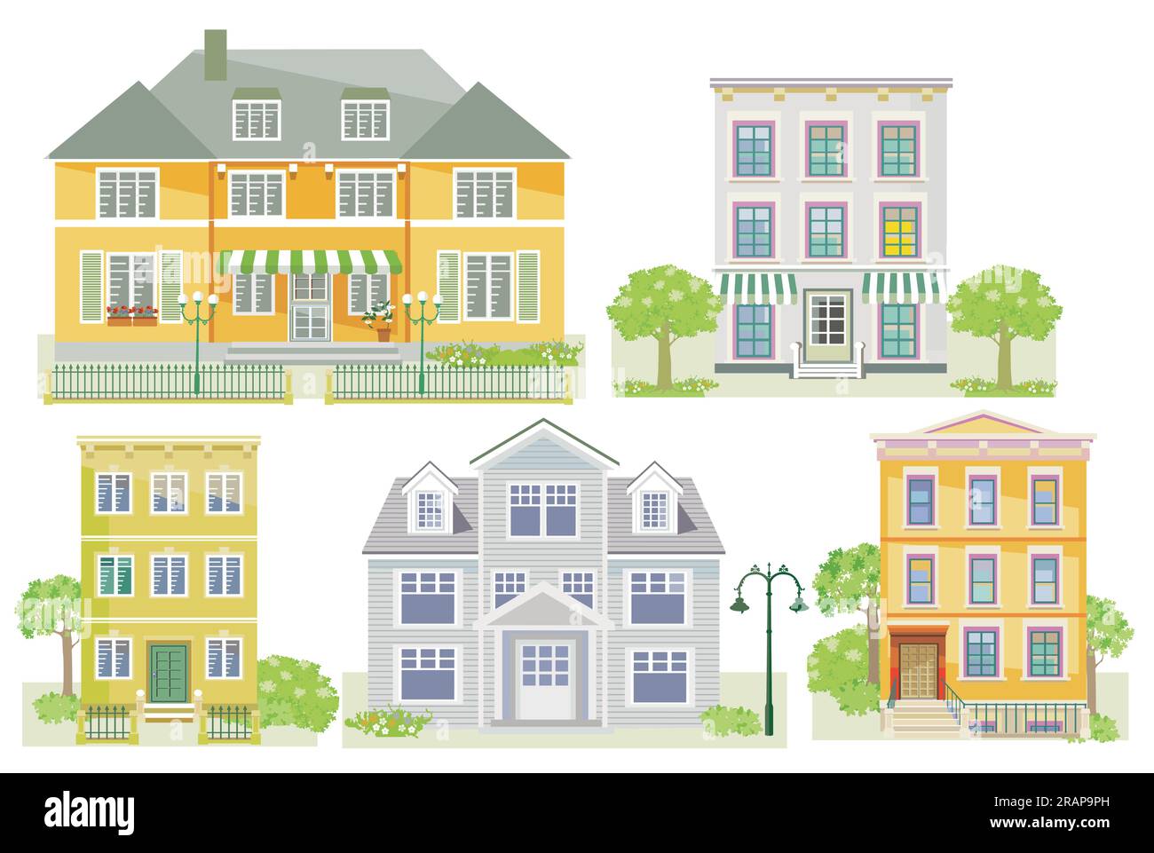 Set of houses and apartment buildings, country houses, wooden houses, family houses, isolated on white background. illustration Stock Vector