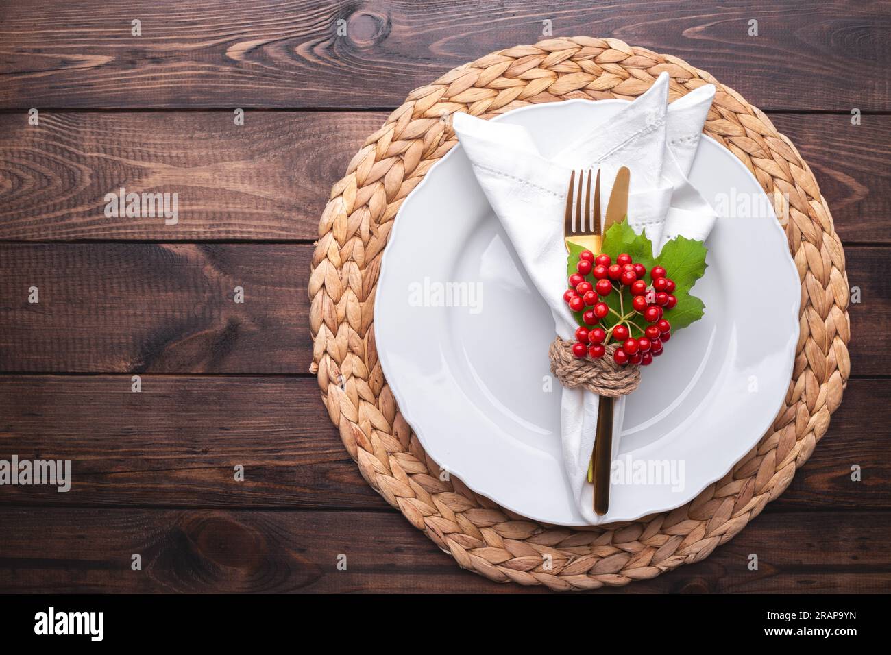 Autumn table setting on old wooden table Thanksgiving or Octoberfest vintage background copy space Stock Photo