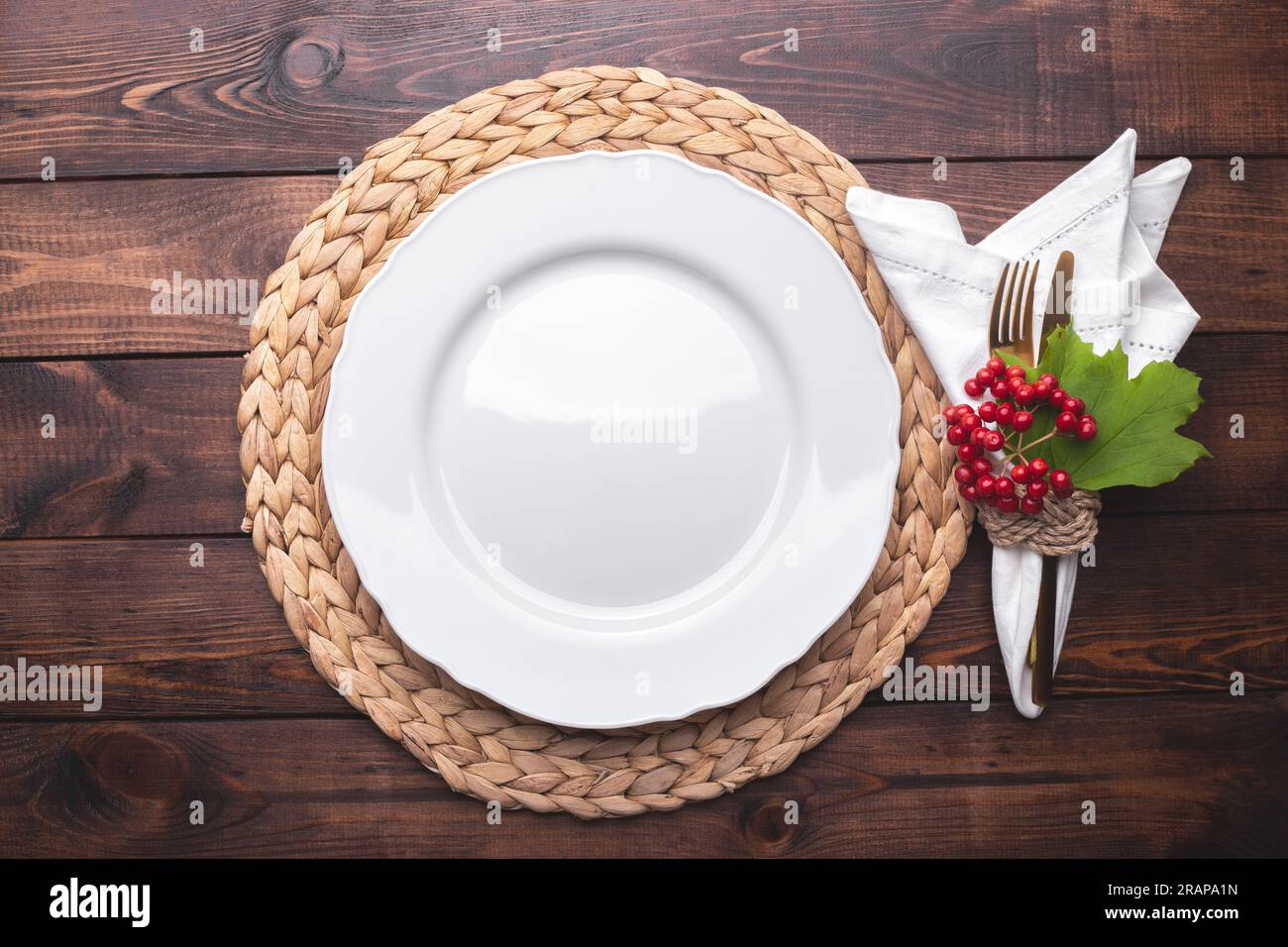 Autumn table setting on old wooden table Thanksgiving or Octoberfest vintage background copy space Stock Photo