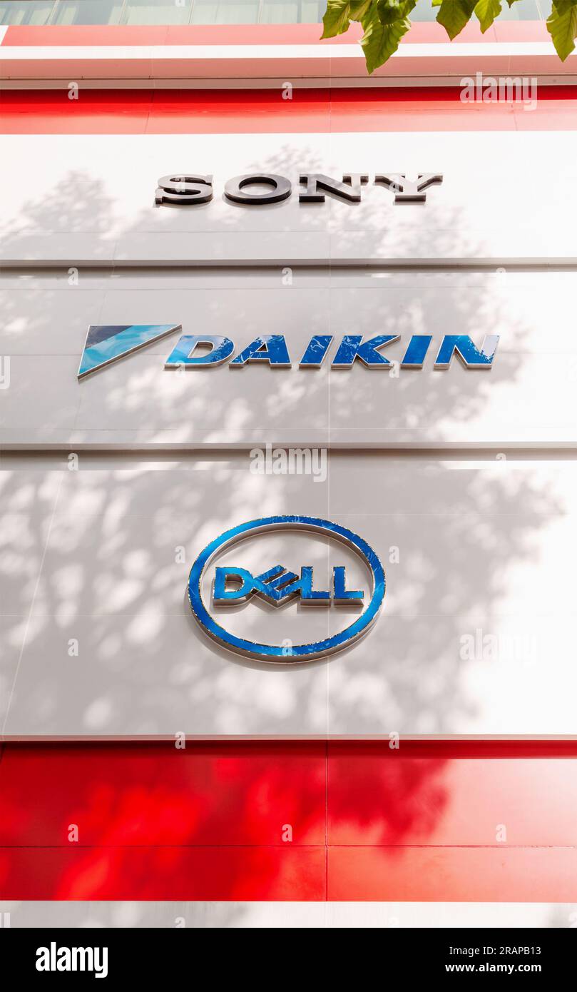 Ho Chi Minh City, Vietnam - June 4, 2023: Electronic companies logos listed on an appliance shopping center. Several different brand names advertised - Stock Image