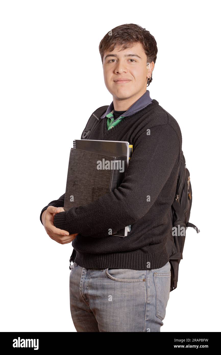 Portrait of a young student with books and backpack isolated on white ...
