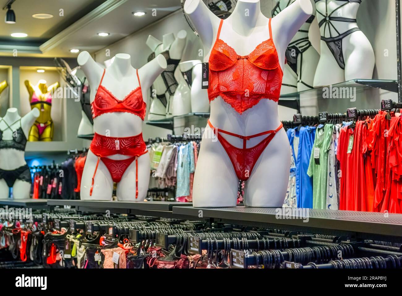 Rio de Janeiro, Brazil - June 15, 2023: Retail small business. Mannequin wearing red lingerie Stock Photo