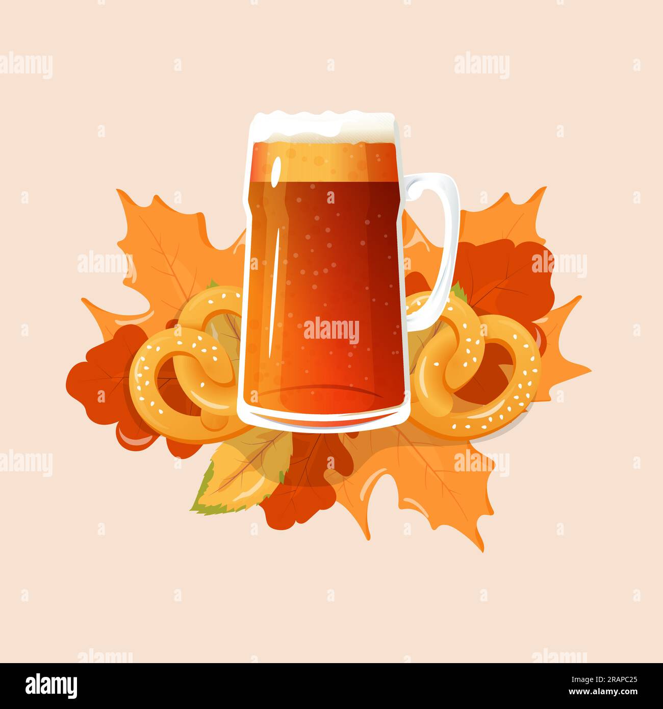 Beer mug and brezels on a leafy background. octoberfest. Vector