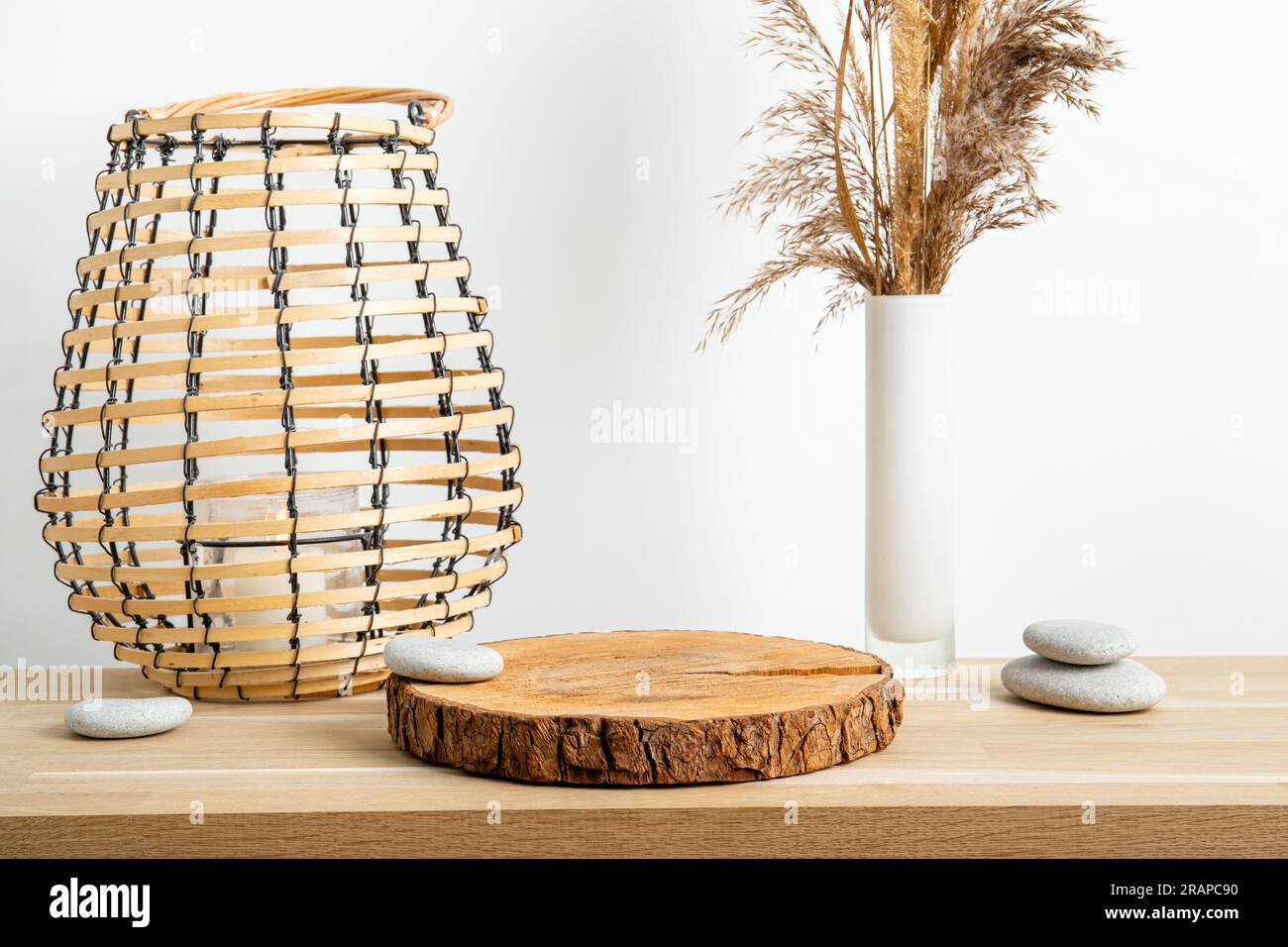 Minimal natural wood home decor with pine wood disc pedestal with bark