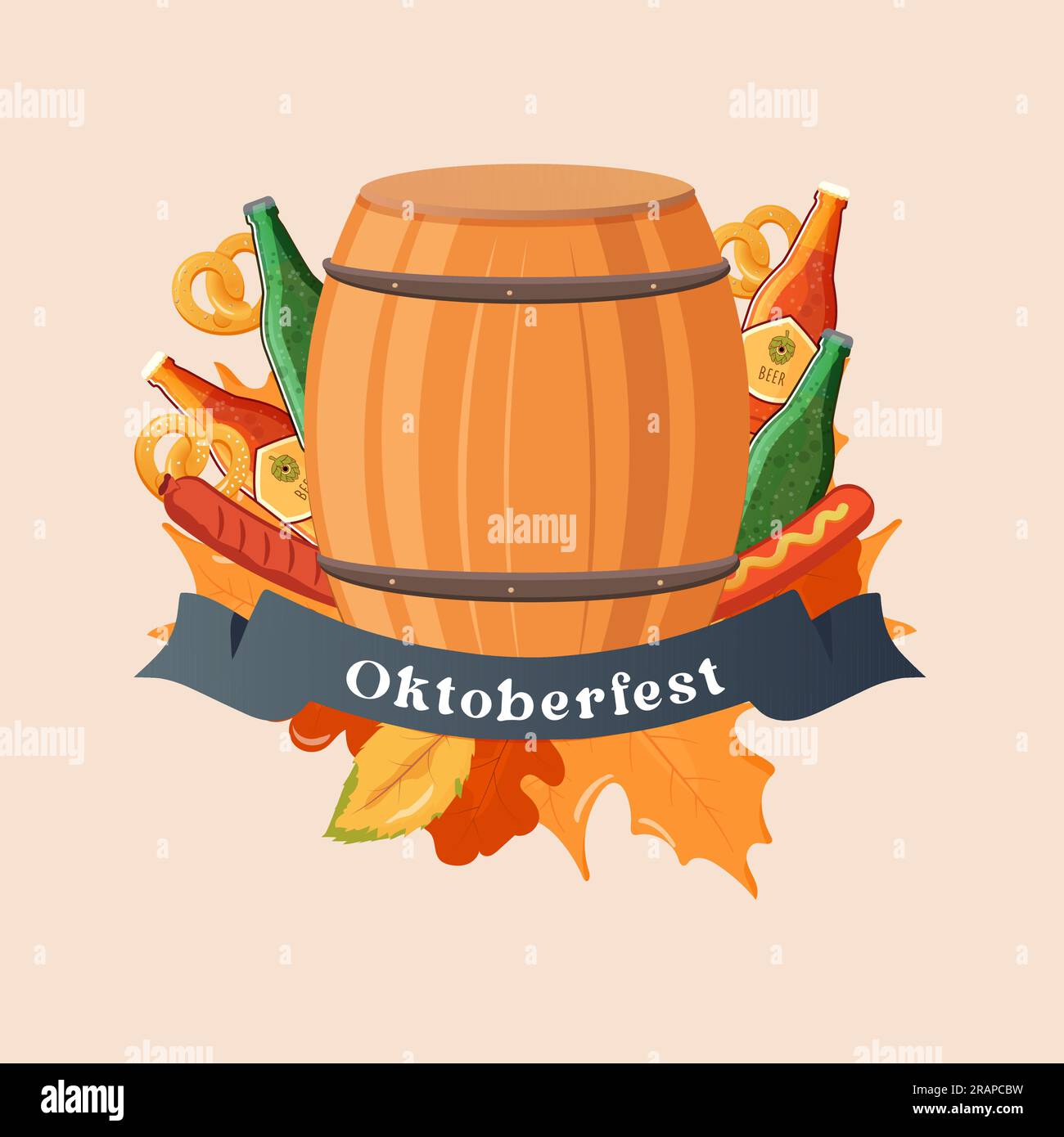 Oktoberfest emblem beer, bottle, bretzels and sausages. Vector illustration Stock Vector