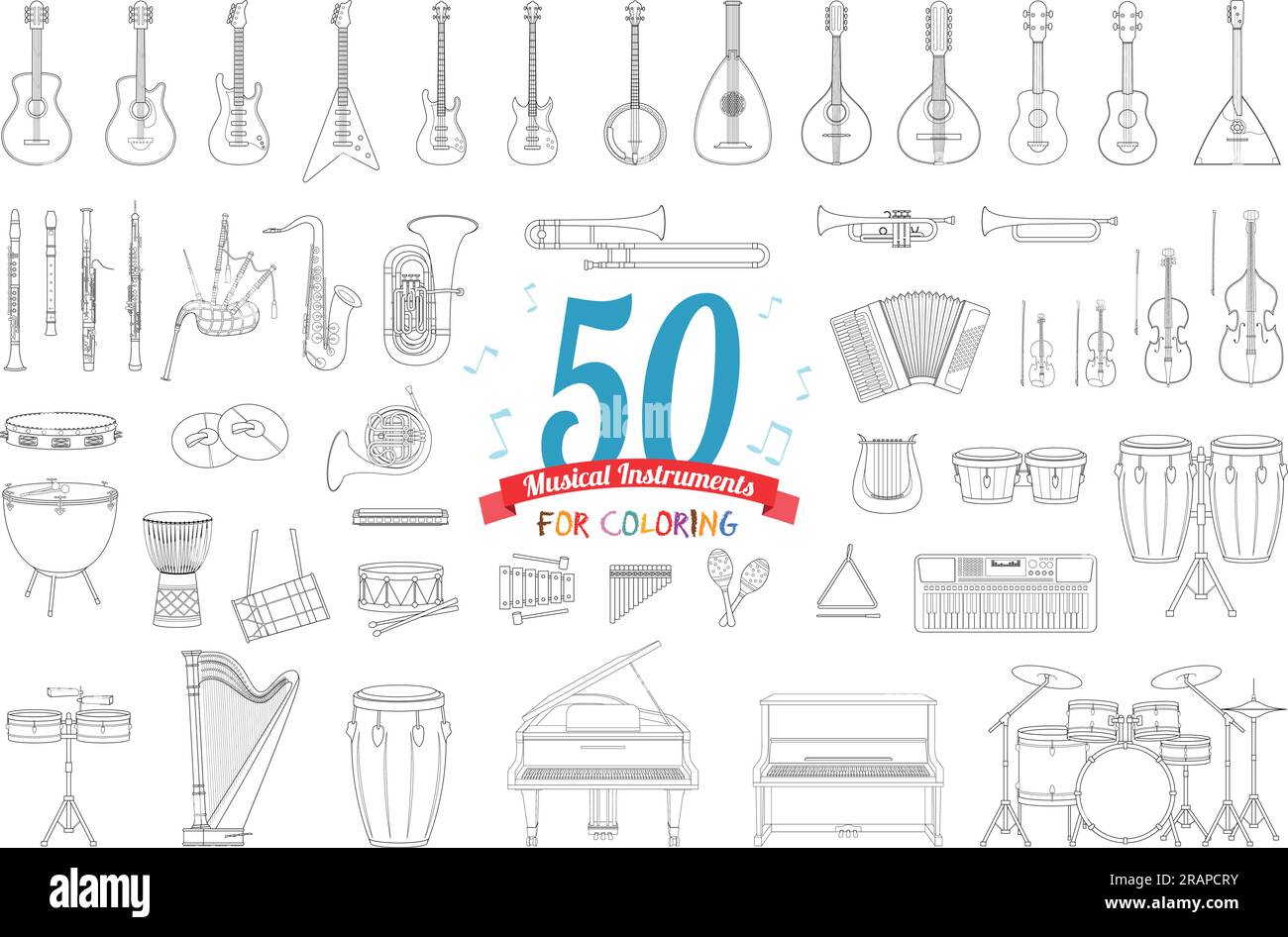Vector illustration set of 50 musical instruments for coloring in cartoon style isolated on white background Stock Vector