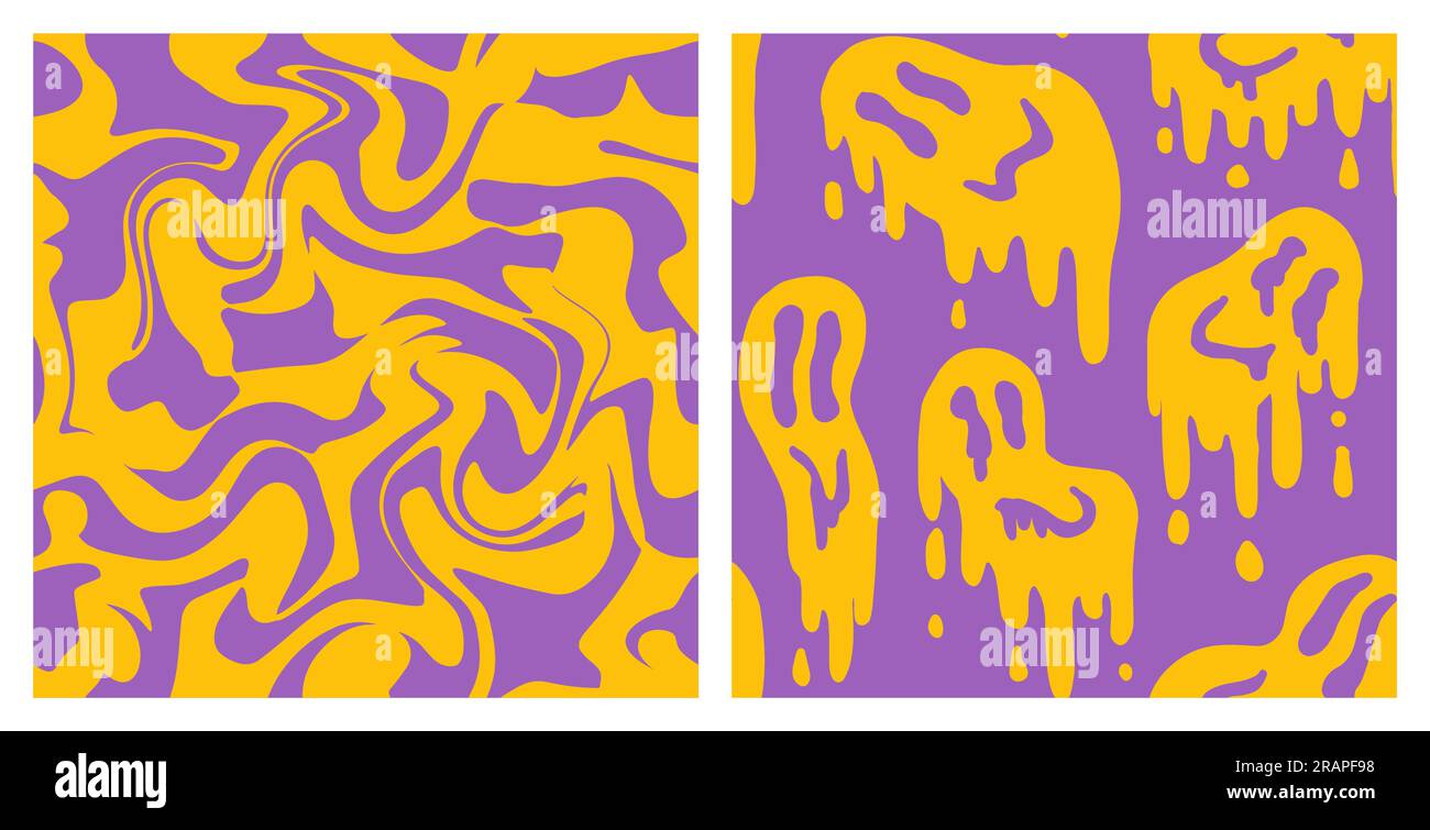 1970 Fluid Smile and Wavy Swirl Pattern Pack in Yellow and Lavender Color. Seventies Style, Trippy Psychedelic Print, Wallpaper. Flat Design, Hippie Aesthetic. Hand-Drawn Vector Illustration. Stock Vector