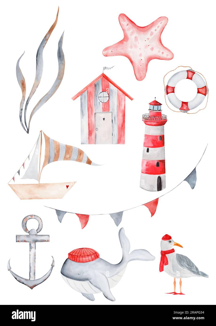cute nautical element collection 10 pcs whale, sea house, life buoy, starfish, boat, lighthouse anchor, algae, seagull. individual items for your Stock Photo