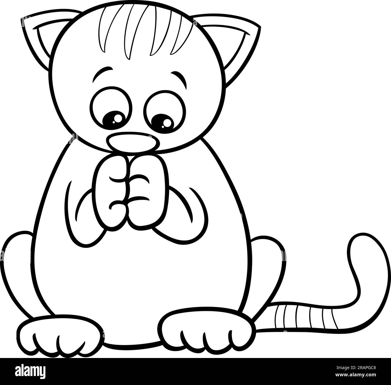 Black and white cartoon illustration of cute tabby kitten comic animal