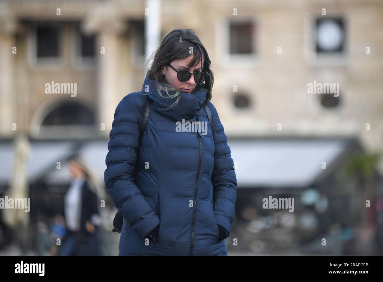 Croatian woman walking on Ban Jelacic Square, Zagreb, Croatia Stock Photo