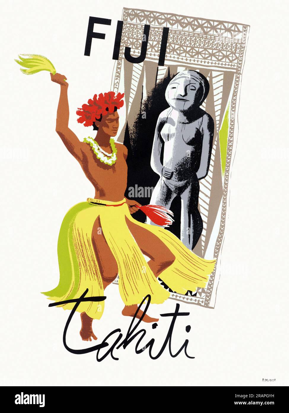 Fiji. Tahiti by Aaron Amspoker (dates unknown). Poster published in the 1950s in the USA. Stock Photo