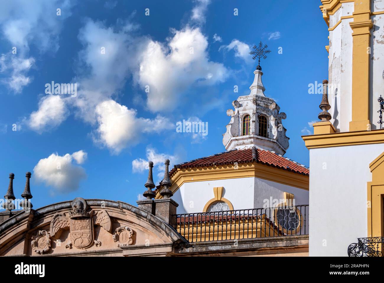 Detail view of part of the tower and the roof Parroquia de Nuestra Señora del Rosario de Ronda, Malaga, Spain Stock Photo