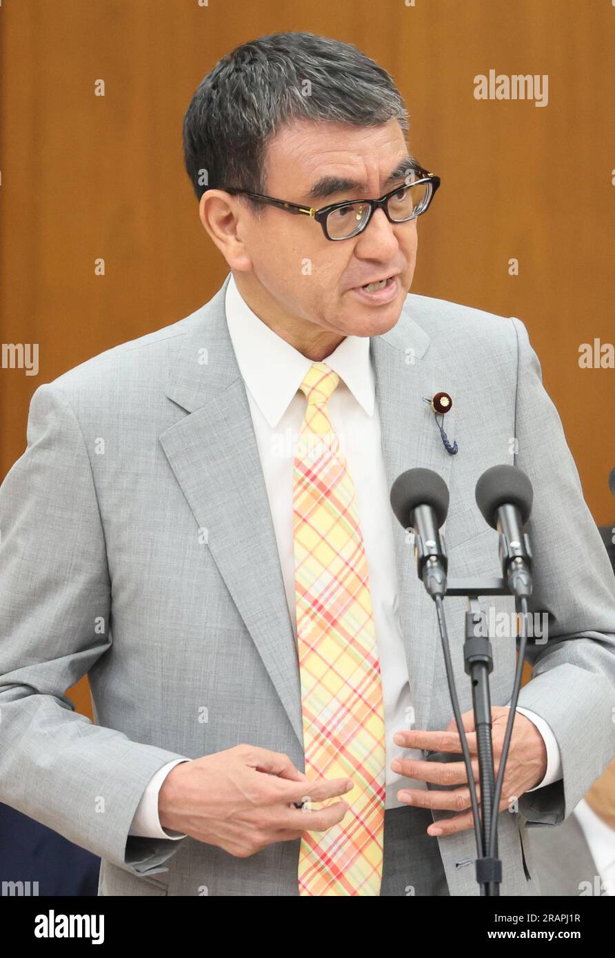 Tokyo, Japan. Wednesday. 5th July, 2023. Japanese Digital Transformation Minister Taro Kono answers a question at Lower House's ad hoc committee to discuss 'My Number' ID card system at the National Diet in Tokyo on Wednesday, July 5, 2023. My Number card system has problem such as a person's health insurance number is linked to the another person's My Number ID card. (photo by Yoshio Tsunoda/AFLO/Alamy Live News Stock Photo