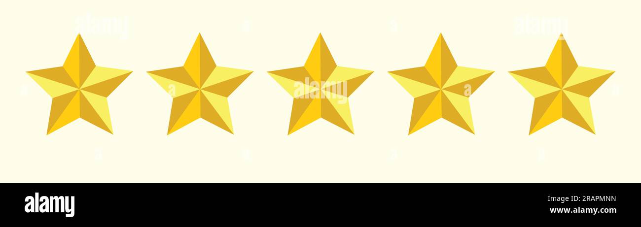 Five golden realistic stars. Vector golden 3d isolated five stars on light pink background. Vector 5 stars rating review. Quality shape design. EPS 10 Stock Vector