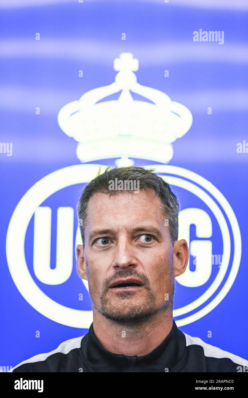 Lier, Belgium. 05th July, 2023. Union's head coach Alexander Blessin pictured during a press conference of Belgian first division soccer team Royale Union Saint-Gilloise, ahead of the 2023-2024 season, Wednesday 05 July 2023 in Lier. BELGA PHOTO TOM GOYVAERTS Credit: Belga News Agency/Alamy Live News Stock Photo