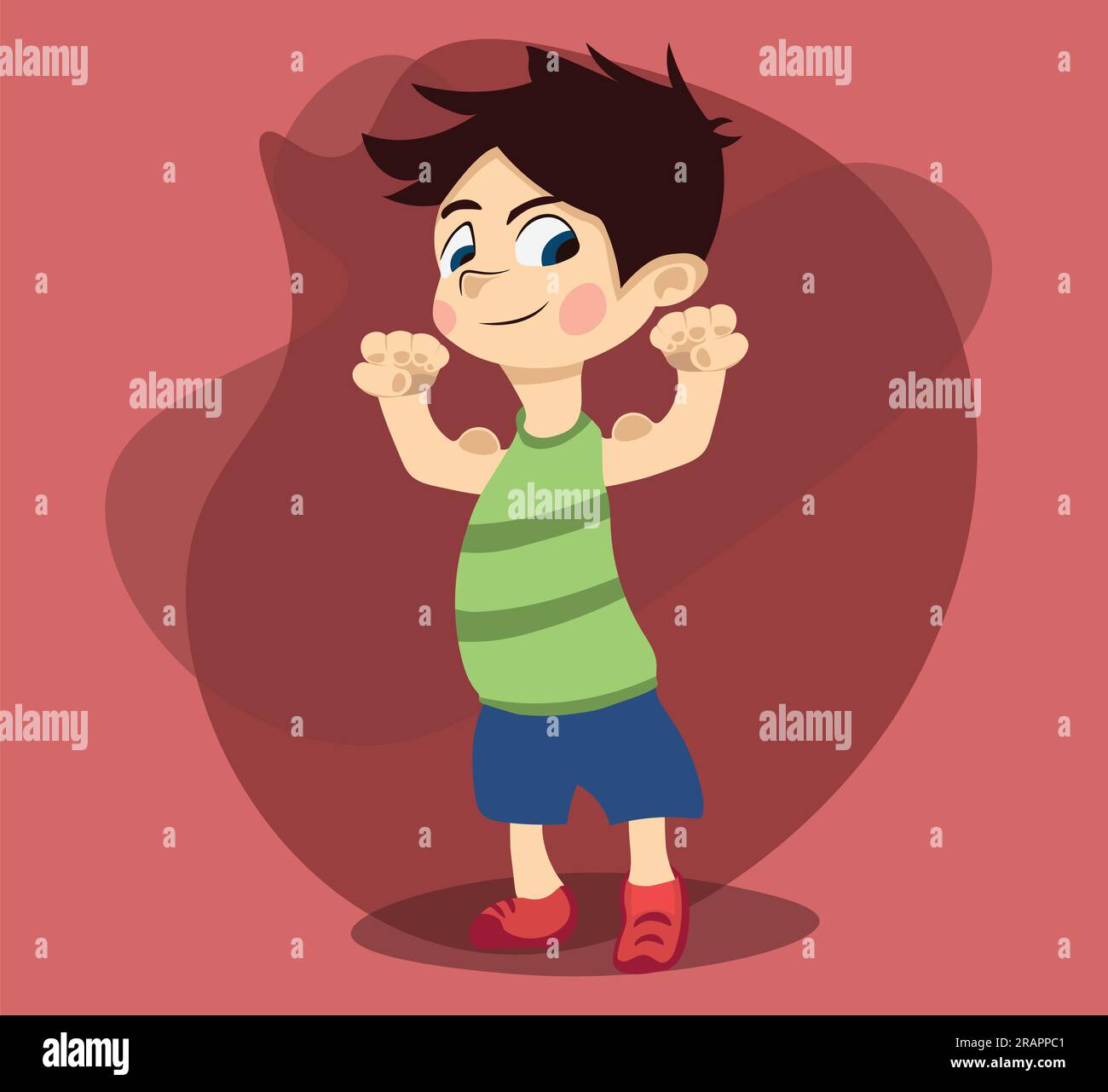 Cute boy cartoon character showing his fitness filled with health,nutrients and vitamins Stock Vector