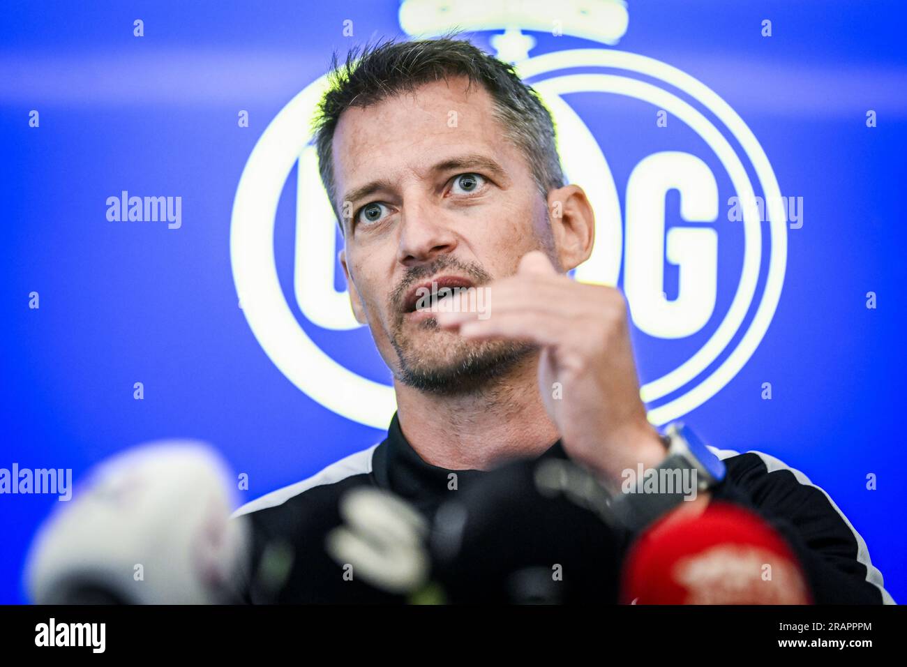 Lier, Belgium. 05th July, 2023. Union's head coach Alexander Blessin pictured during a press conference of Belgian first division soccer team Royale Union Saint-Gilloise, ahead of the 2023-2024 season, Wednesday 05 July 2023 in Lier. BELGA PHOTO TOM GOYVAERTS Credit: Belga News Agency/Alamy Live News Stock Photo