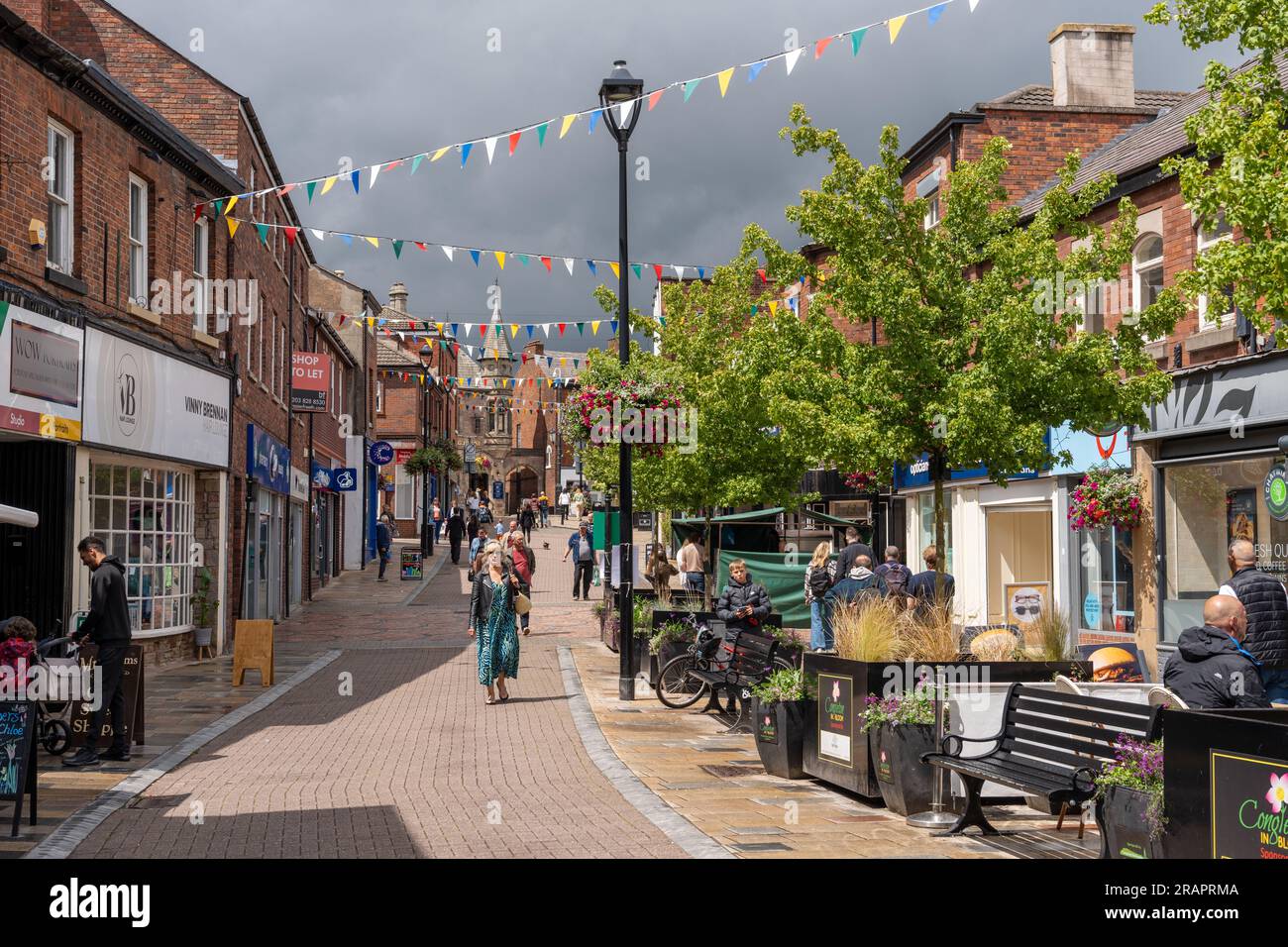 A view of the town centre of Congleton, Cheshire East, UK, with people and shops. Stock Photo