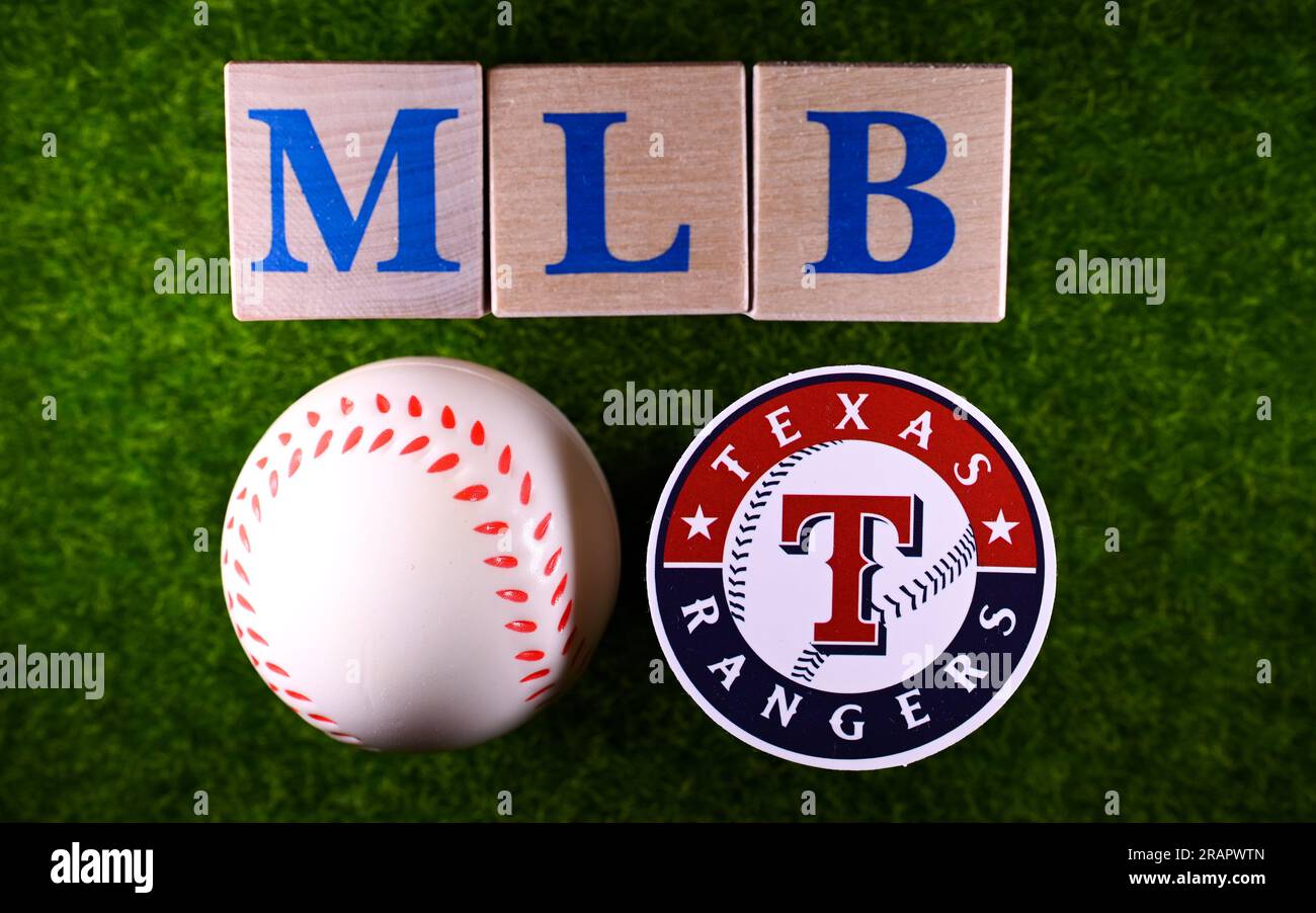 January 27, 2023, Cooperstown, USA. The emblem of the Texas Rangers baseball club on the green lawn of the stadium. Stock Photo
