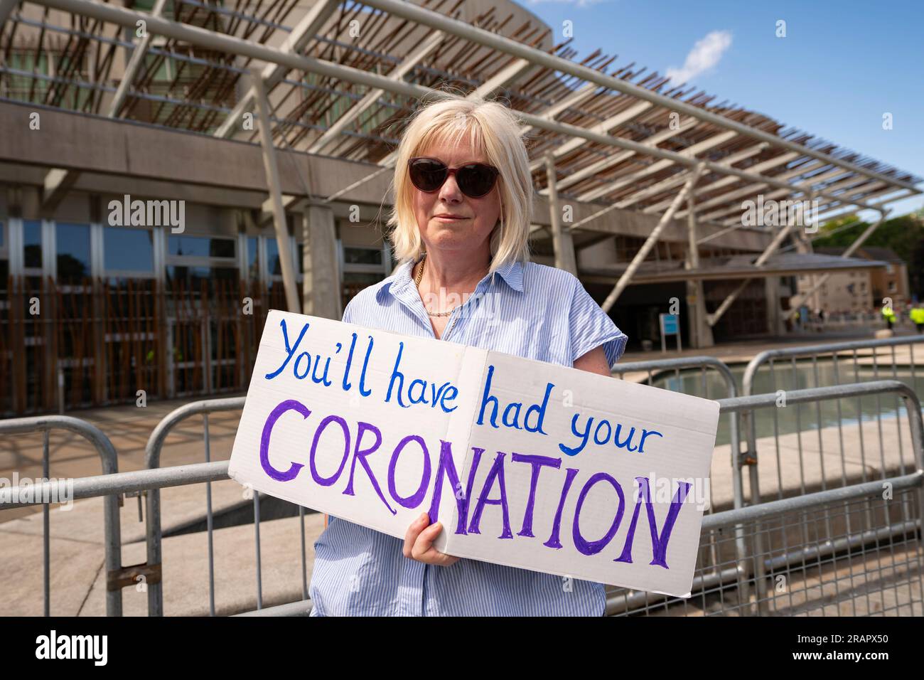 Edinburgh,Scotland, UK,  5th July 2023. Protesters attend a demonstration by anti monarchist group Our Republic outside the Scottish Parliament at Holyrood. King Charles III in Edinburgh is to be presented the Honours of Scotland at St Giles Cathedral today. The Honours of Scotland are the Scottish Crown Jewels. Iain Masterton/Alamy Live News Stock Photo