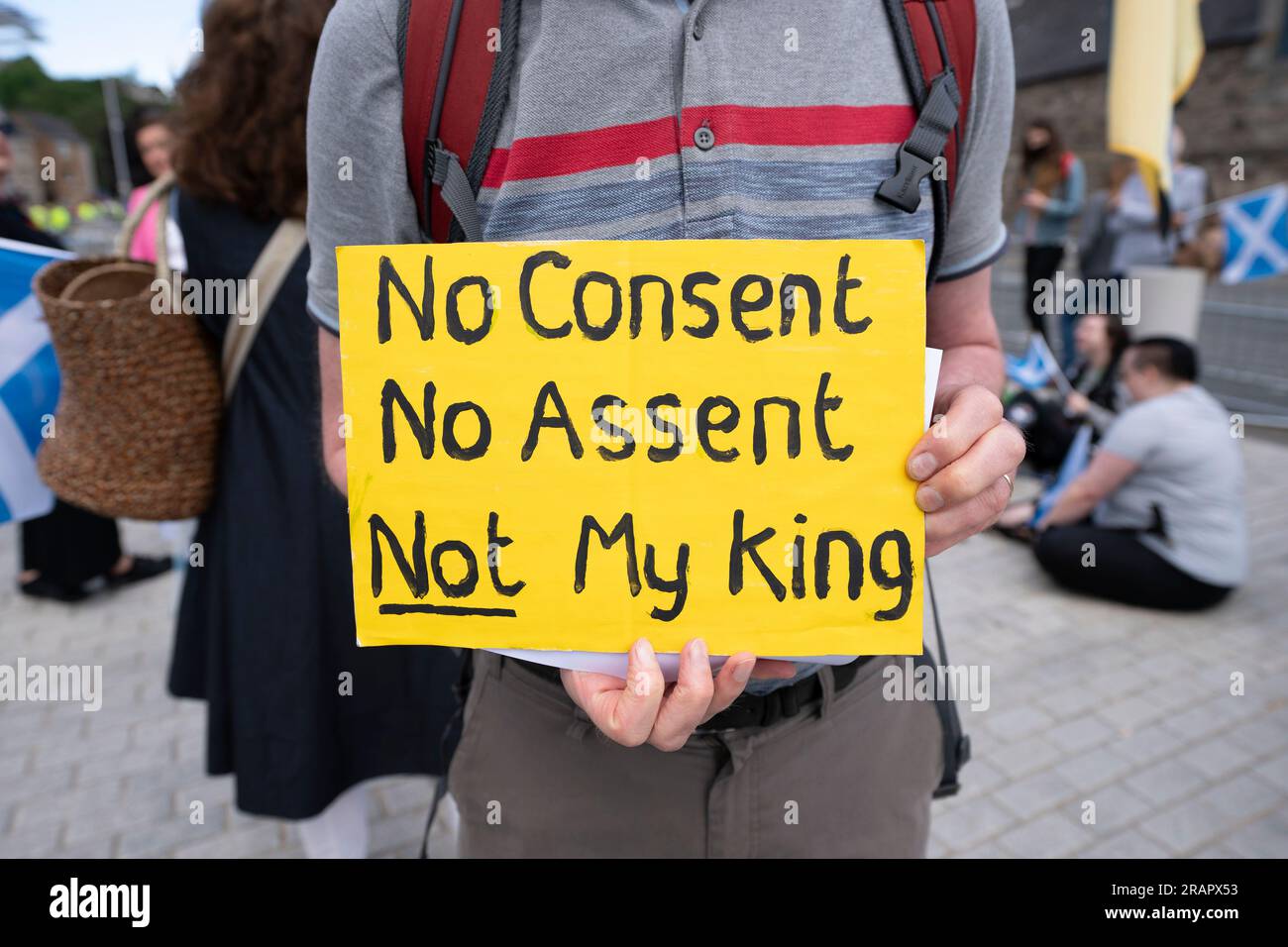 Edinburgh,Scotland, UK,  5th July 2023. Protesters attend a demonstration by anti monarchist group Our Republic outside the Scottish Parliament at Holyrood. King Charles III in Edinburgh is to be presented the Honours of Scotland at St Giles Cathedral today. The Honours of Scotland are the Scottish Crown Jewels. Iain Masterton/Alamy Live News Stock Photo