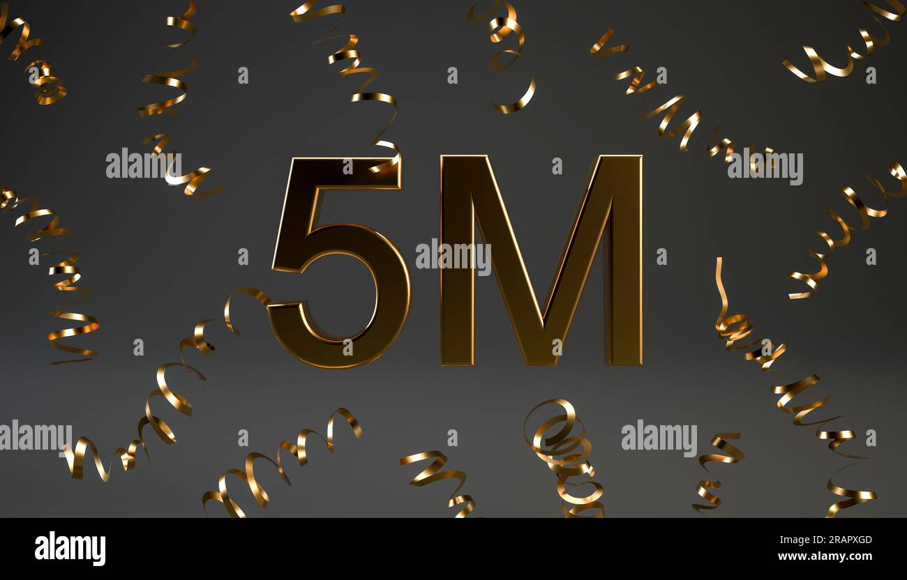 Golden 5M followers symbol with confetti for celebration 3d rendering.  Stock Photo