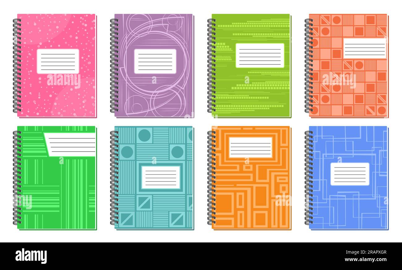 Vector Spiral Notebook Covers, lot collection of 8 cut out illustrations of different spiral notebook modern cover design, group of closed colorful pa Stock Vector