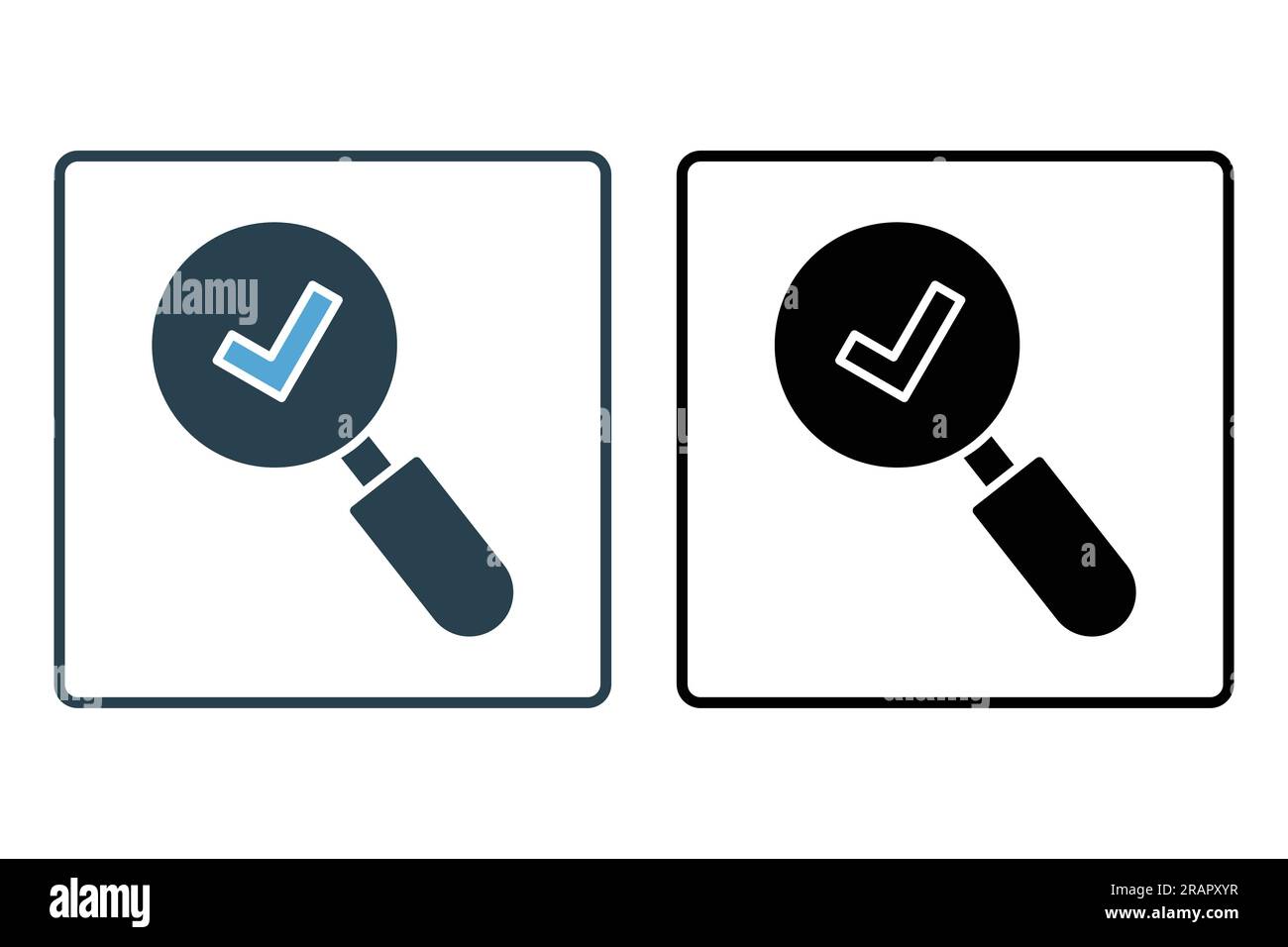 Find icon. Search, Magnifying glass with check mark. Solid icon style design. Simple vector design editable Stock Vector