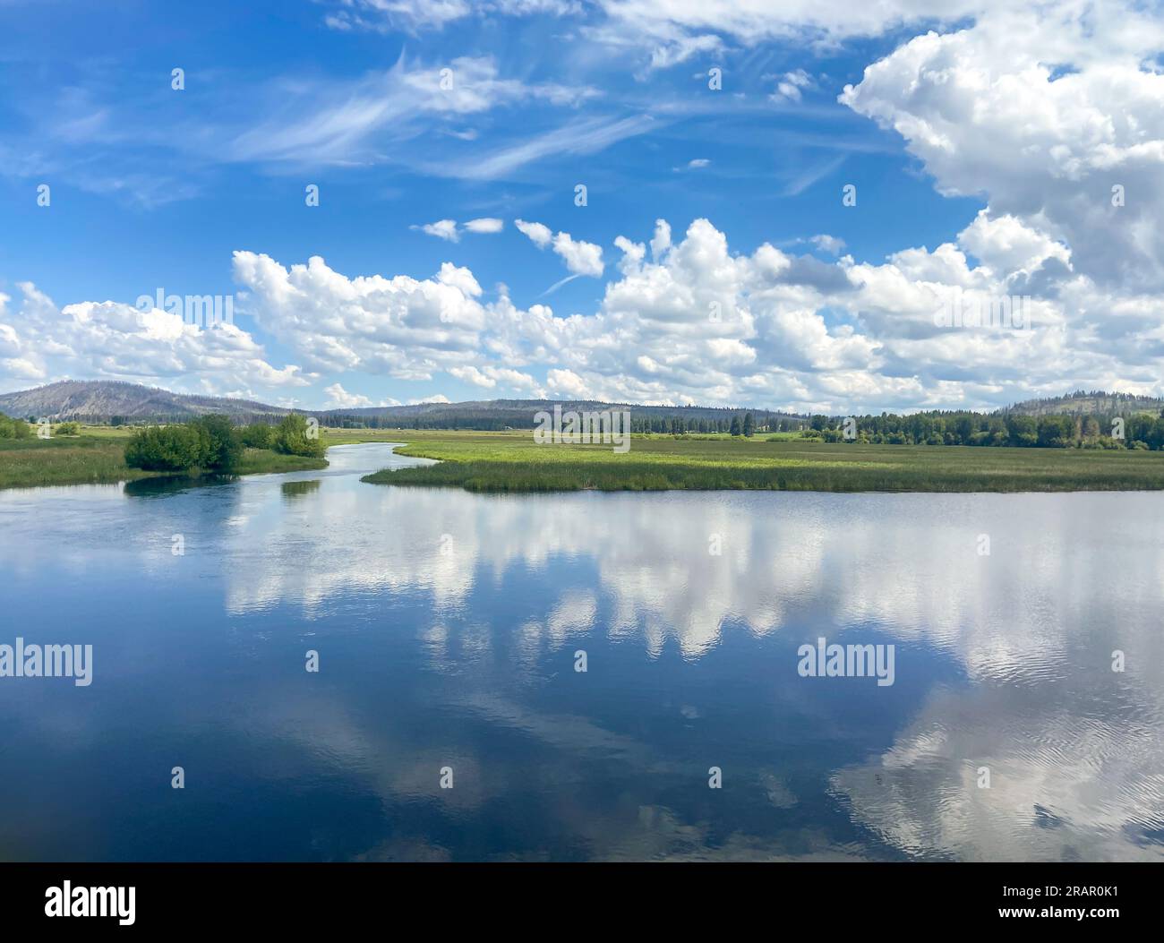 Reflection of clouds in a pond in a field with a river flowing into the horizon Stock Photo