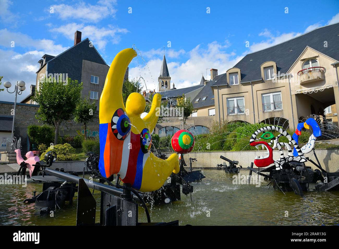 Jean Tinguely and Niki de Saint Phalle fountain at Chateau Chinon, France FR Stock Photo