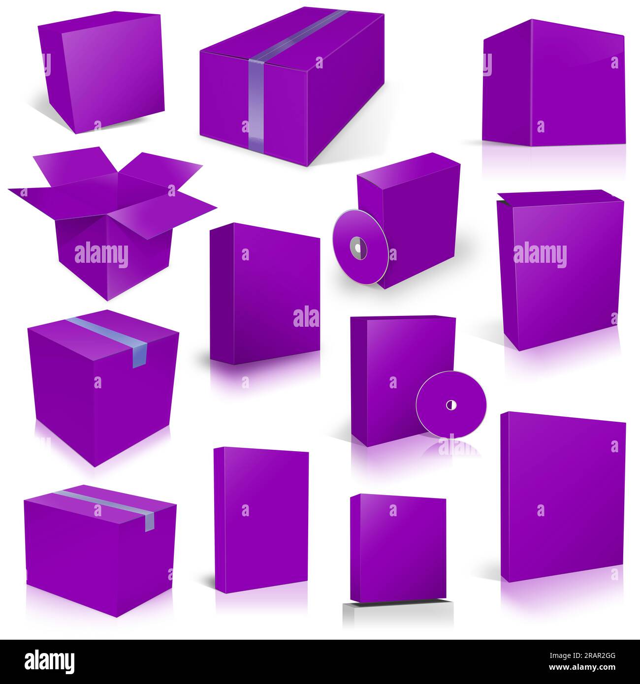 Thirteen Violet Shipping Box and Software Boxes for layouts and presentation design. 3D rendering. Digitally Generated Image. Isolated on white backgr Stock Photo