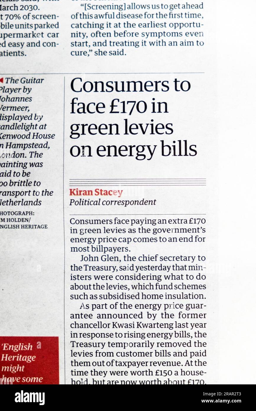 'Consumers to face £170 in green levies on energy bills' Guardian newspaper headline cost of living crisis household bill article 26 June 2023 UK Stock Photo