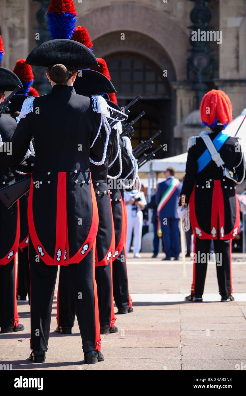 Female Carabiniere in full uniform lined up during the parade for the anniversary of the 2nd of June, the feast of the Italian Republic. Stock Photo