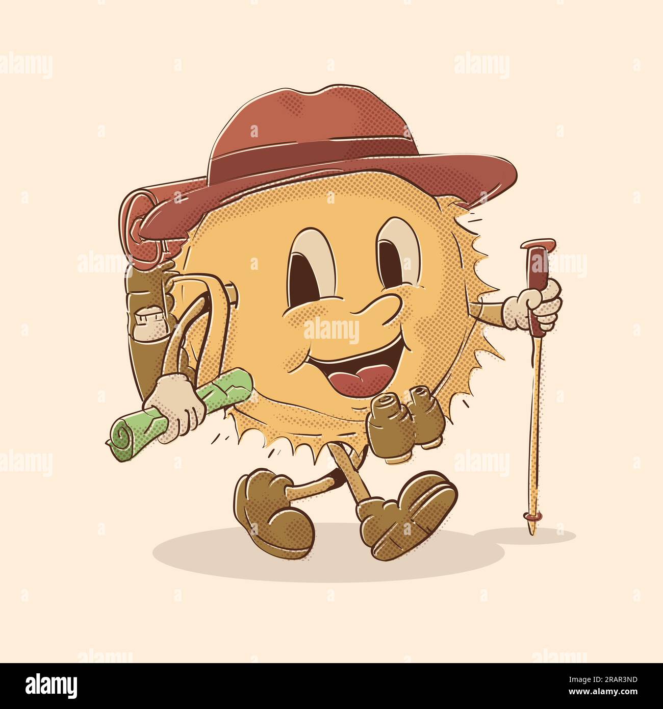 sun mascot with back pack and expolrer hat for summer adventure mascot. sun with smile face . tropical vibes. sun vintage mascot vector illustration Stock Vector