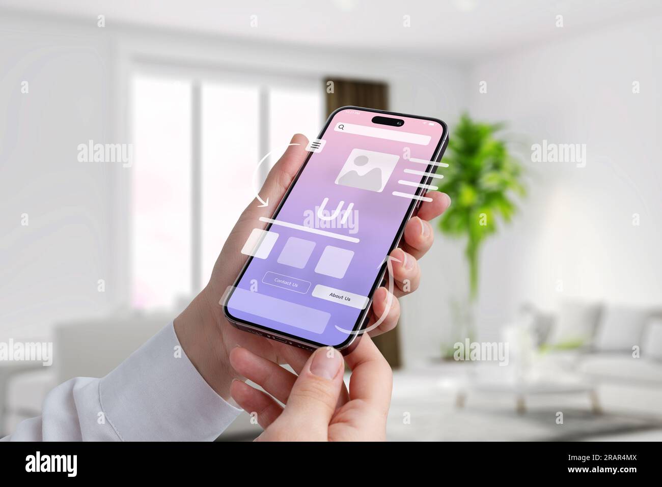 Concept of using a mobile app. Complicated or simple user interface. App elements fly over mobile phone display Stock Photo