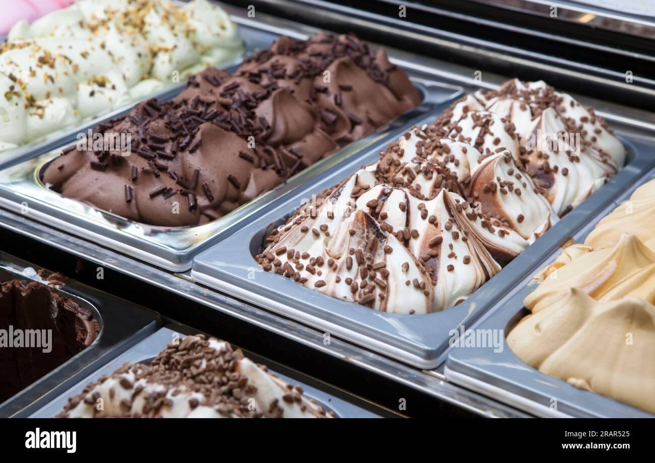 Display Counter With Assorted Ice Cream Flavours Selective Focus Stock 