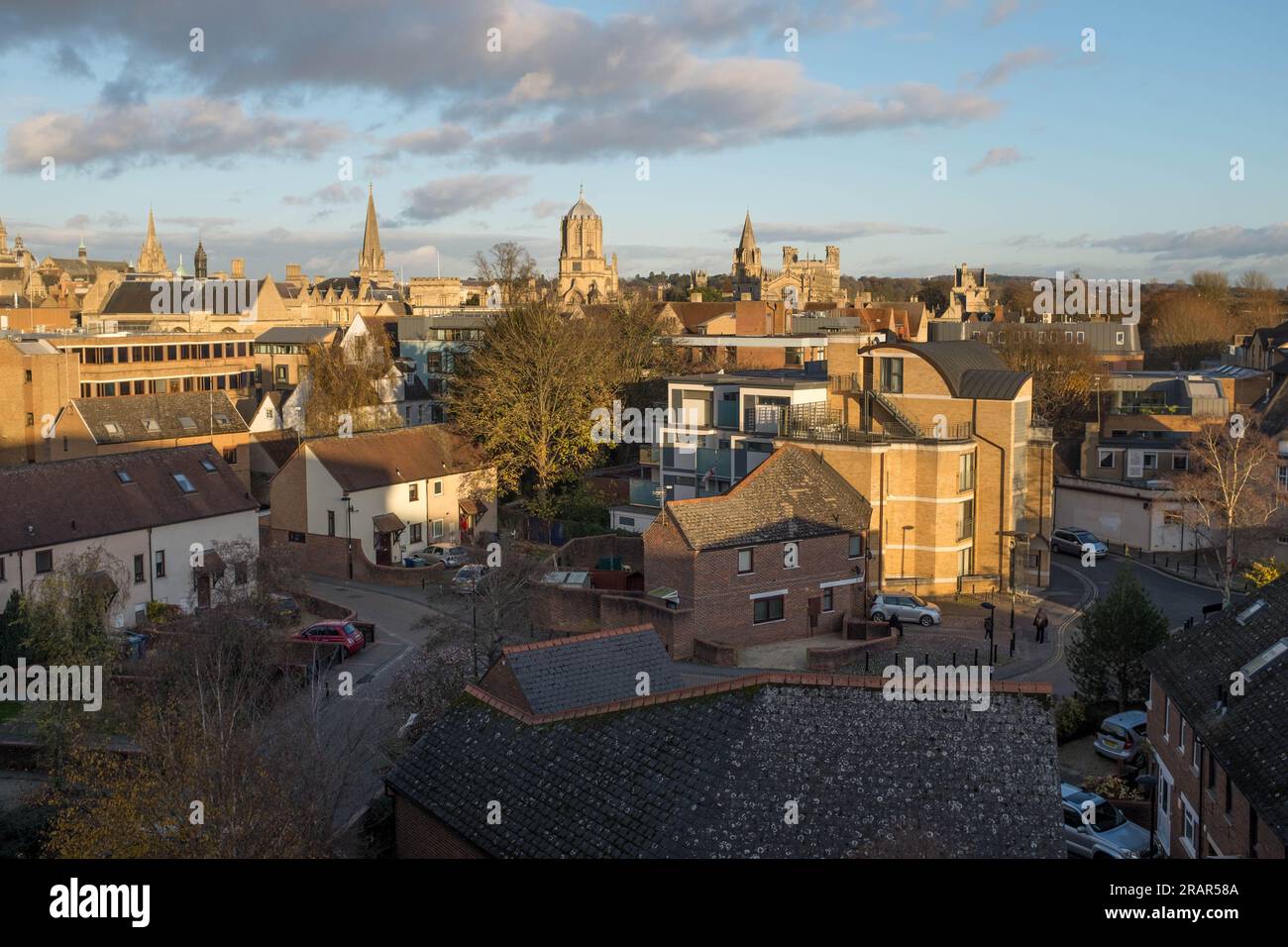 View of some of Oxfords Spires, with Tim Tower (Christ Church) centre, Christ Church Cathedral on the right, to the left is the spire of St. Aldgate's Church, on the far left the spire of University Church of St. Mary the Virgin Stock Photo