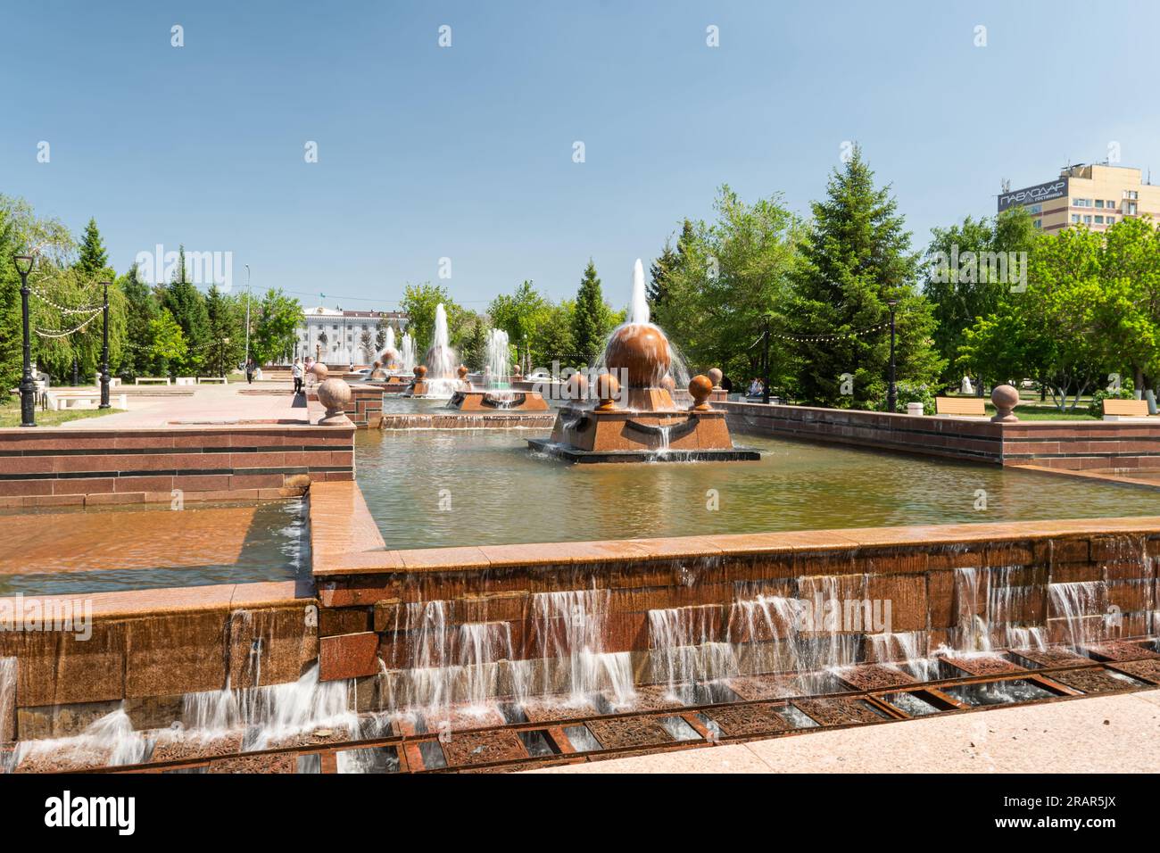 fountain on the embankment of the city of Pavlodar, Kazakhstan. May 24, 2023 Stock Photo