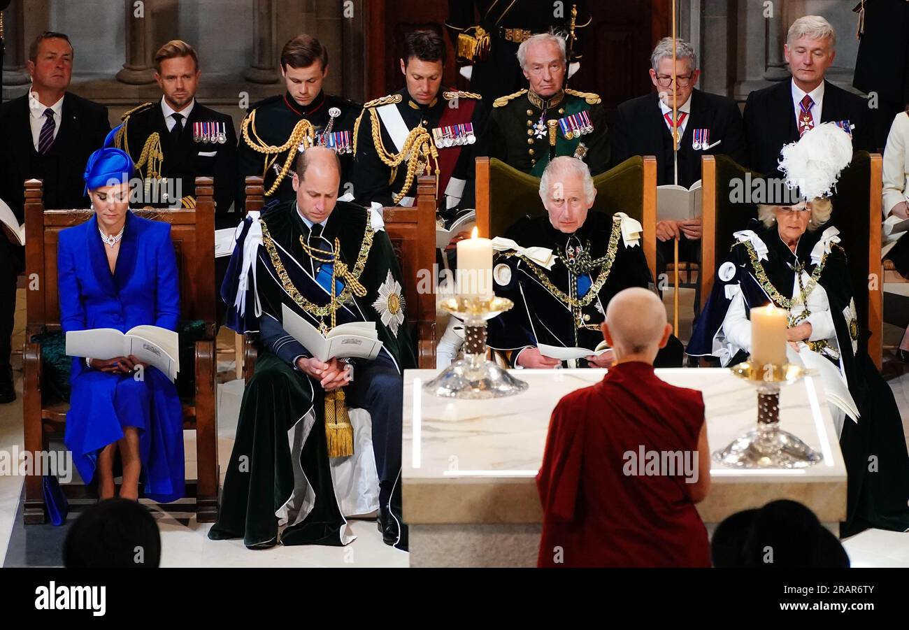(front row left to right) The Princess of Wales and the Prince of Wales known as the Duke and Duchess of Rothesay while in Scotland, King Charles III and Queen Camilla listen to blessings and greetings from Getsulma - Ani Rinchen Khandro, Director of Kagyu Samye Dzong Edinburgh, Tibetan Buddhist Meditation Centre) during the National Service of Thanksgiving and Dedication for King Charles III and Queen Camilla, and the presentation of the Honours of Scotland, at St Giles' Cathedral, Edinburgh. Picture date: Wednesday July 5, 2023. Stock Photo