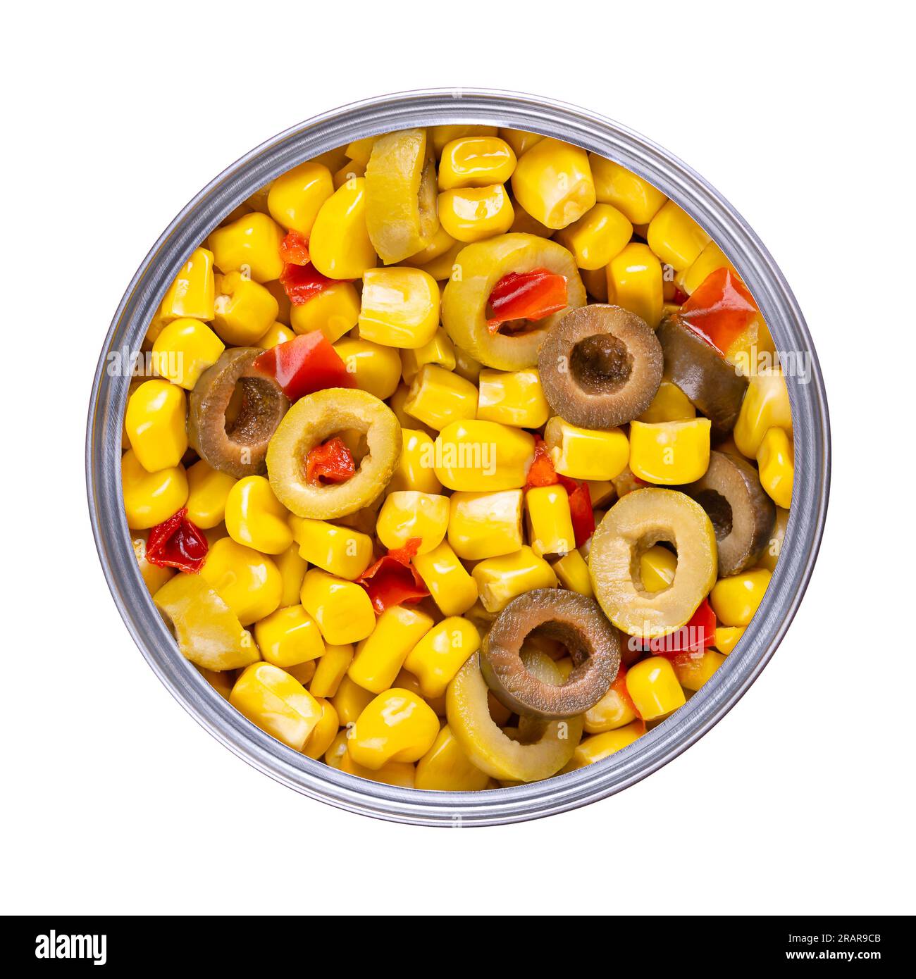 Mix of canned corn, sliced green and black olives and diced red bell pepper, in an open can. Mediterranean maize mix, as side dish or to a barbecue. Stock Photo