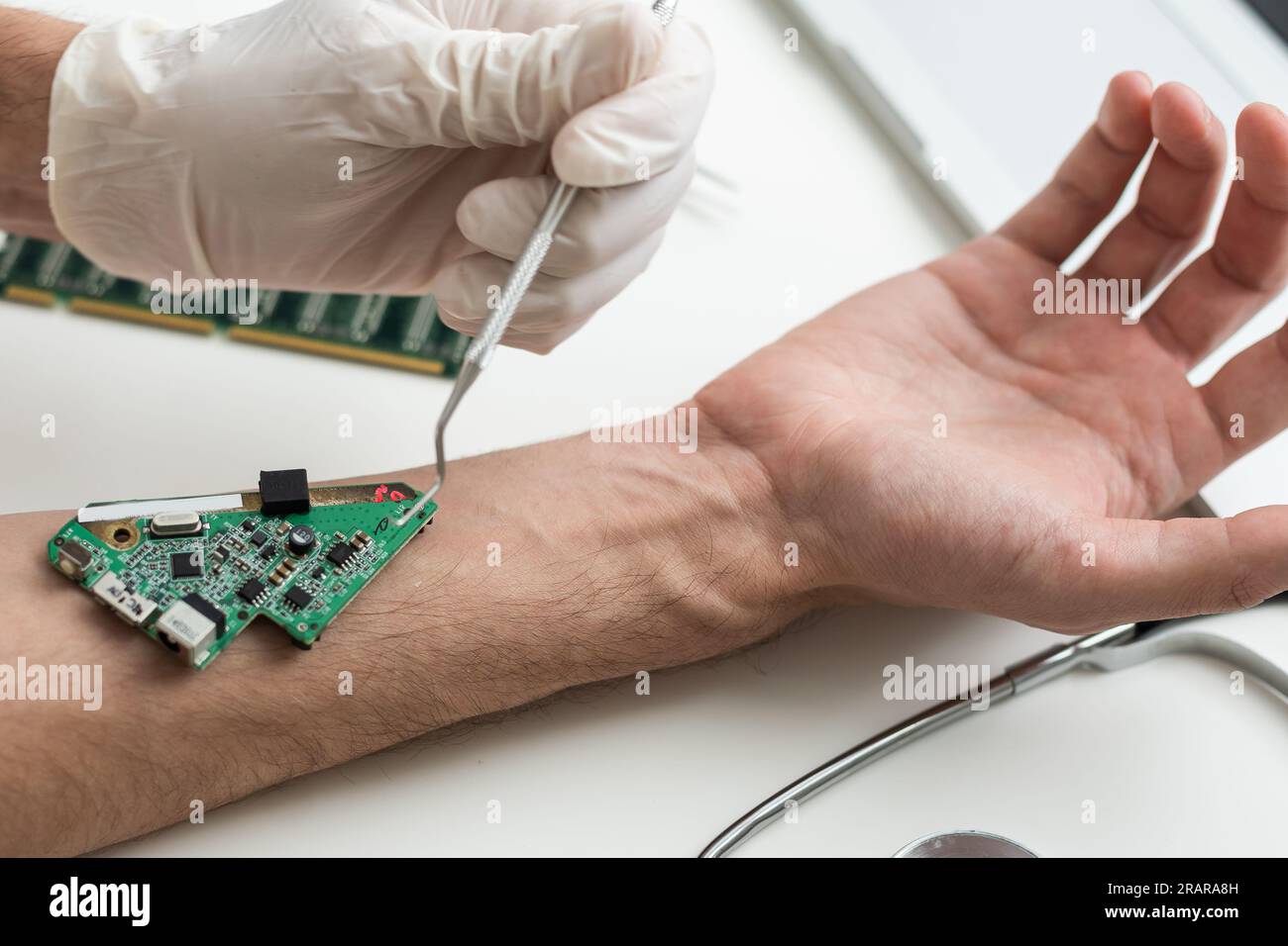 Hand with implantation of micro chip. X-Ray view close-up. Chipization of people, control population Stock Photo