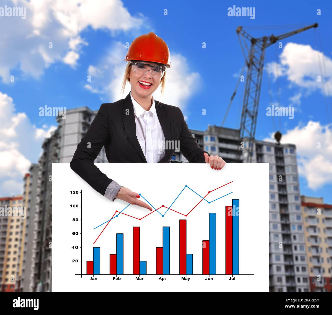 Engineer woman holding placard with drawing chart Stock Photo - Alamy