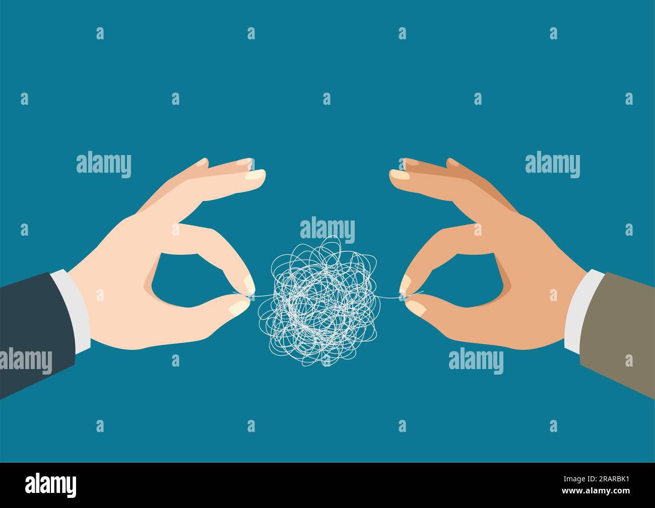Illustration of a two man hands trying to untangle the tangled thread