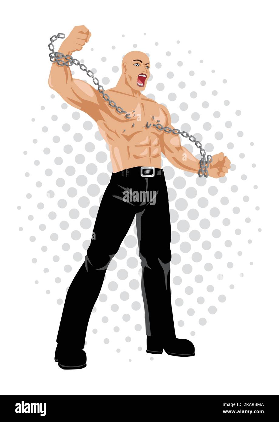 Cartoon illustration of a strongman breaking chains, freedom, spirit