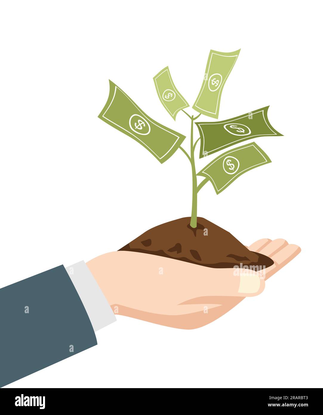 Illustration of a businessman hand holding a dirt with money tree, business, savings, investment concept Stock Vector