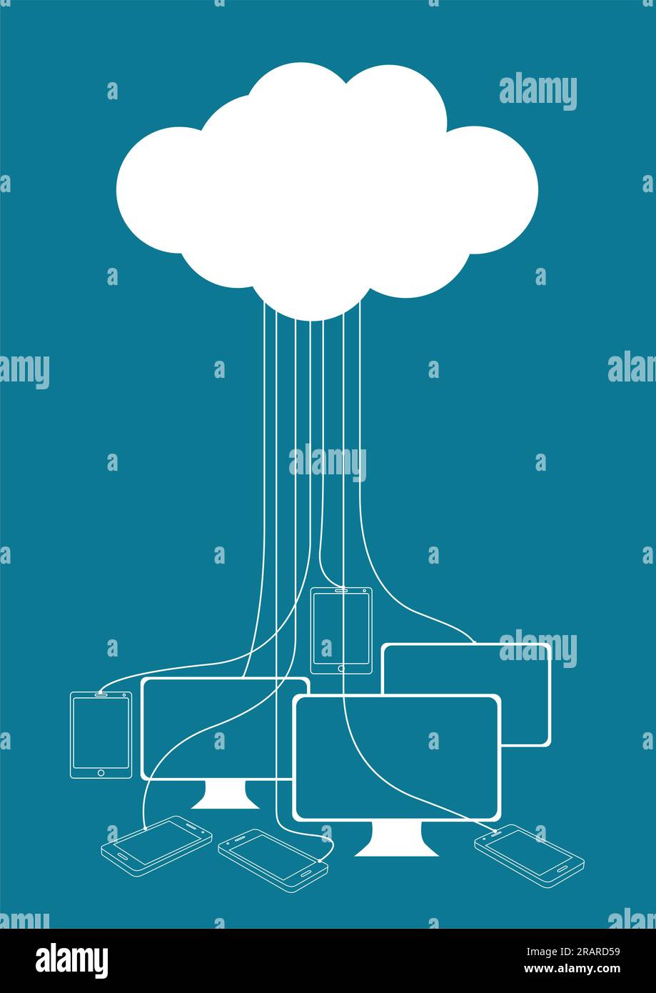 Simple graphic of cloud storage, computing, data, services concept with connected devices Stock Vector