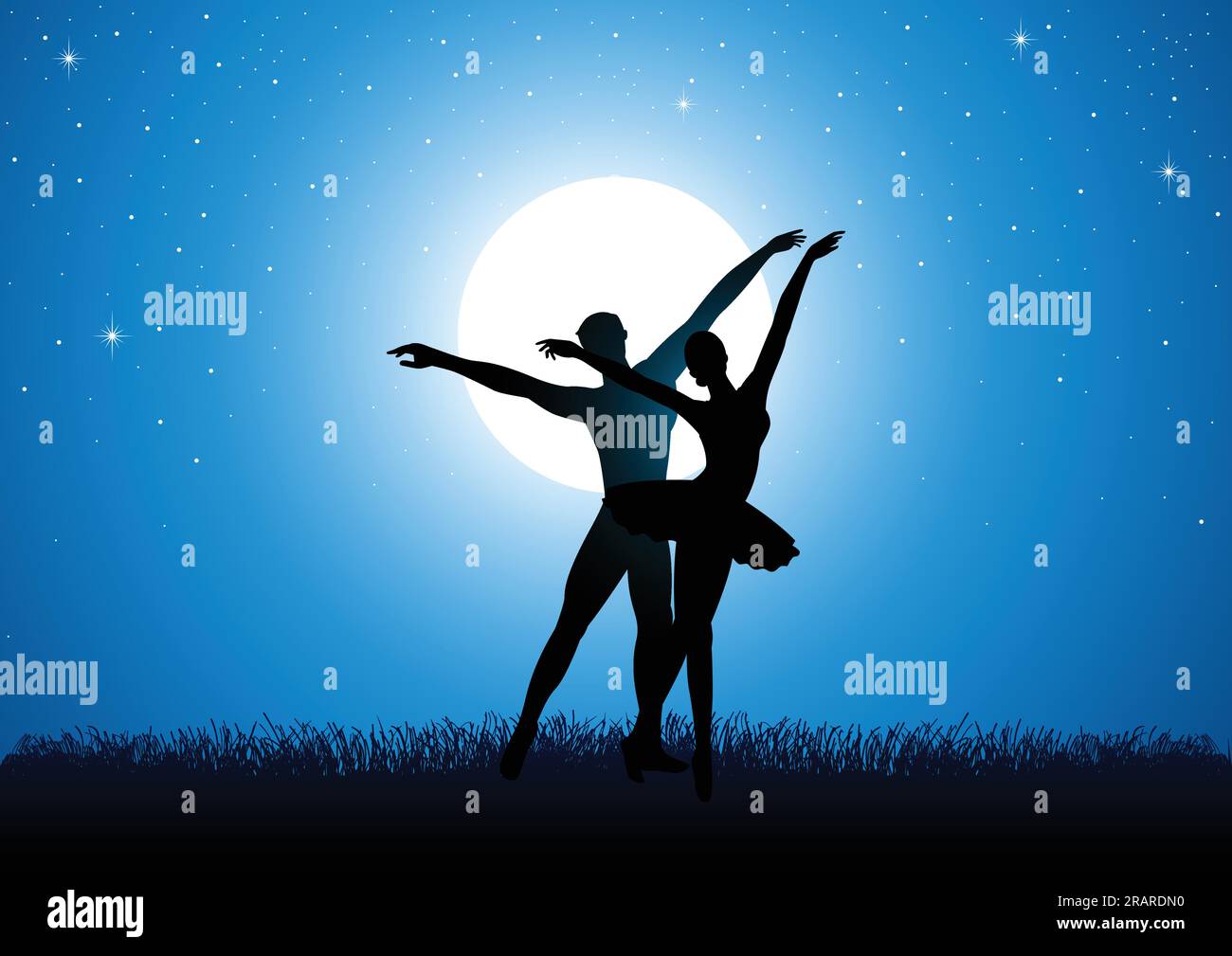 Silhouette illustration of a couple dancing ballet under full moon ...