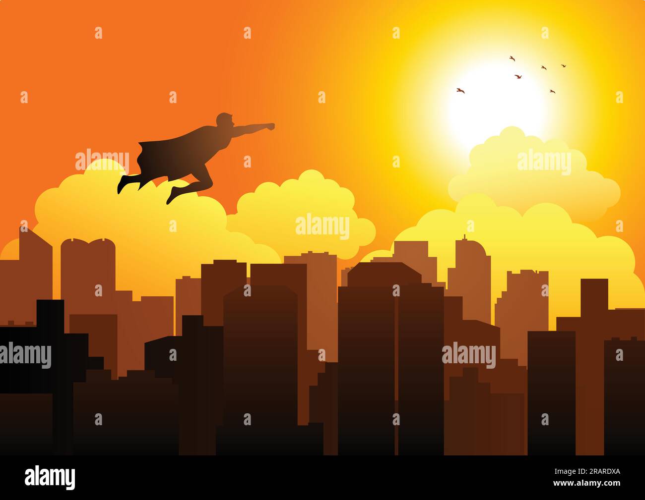 Cartoon silhouette of a superhero flying on cityscape Stock Vector