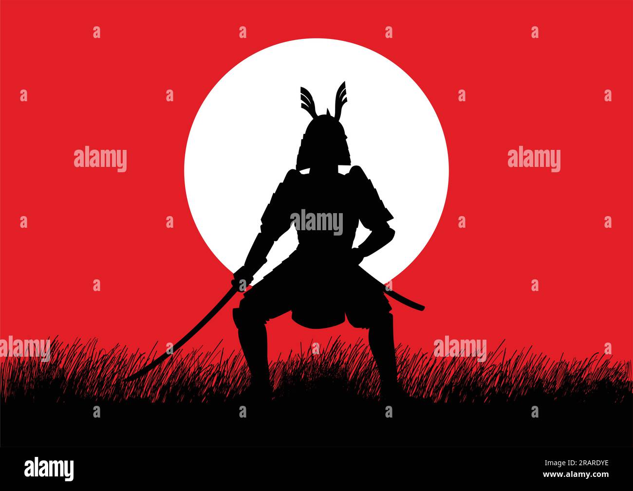 Silhouette illustration of a Samurai with graphic sun symbol as the background Stock Vector