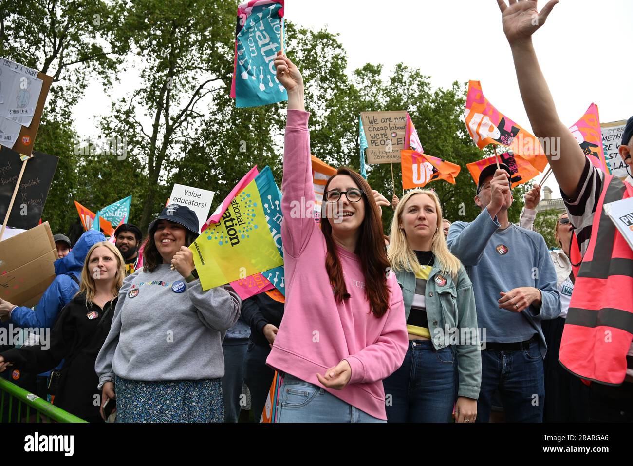 Parliament square, London, UK. 5th July, 2023. NEU strike day rally demand UK Government fair pay for teachers properly can't recruit and retain the teachers our education service needs and properly funding UK education. Stop replacement of unqualified teachers. Credit: See Li/Picture Capital/Alamy Live News Stock Photo